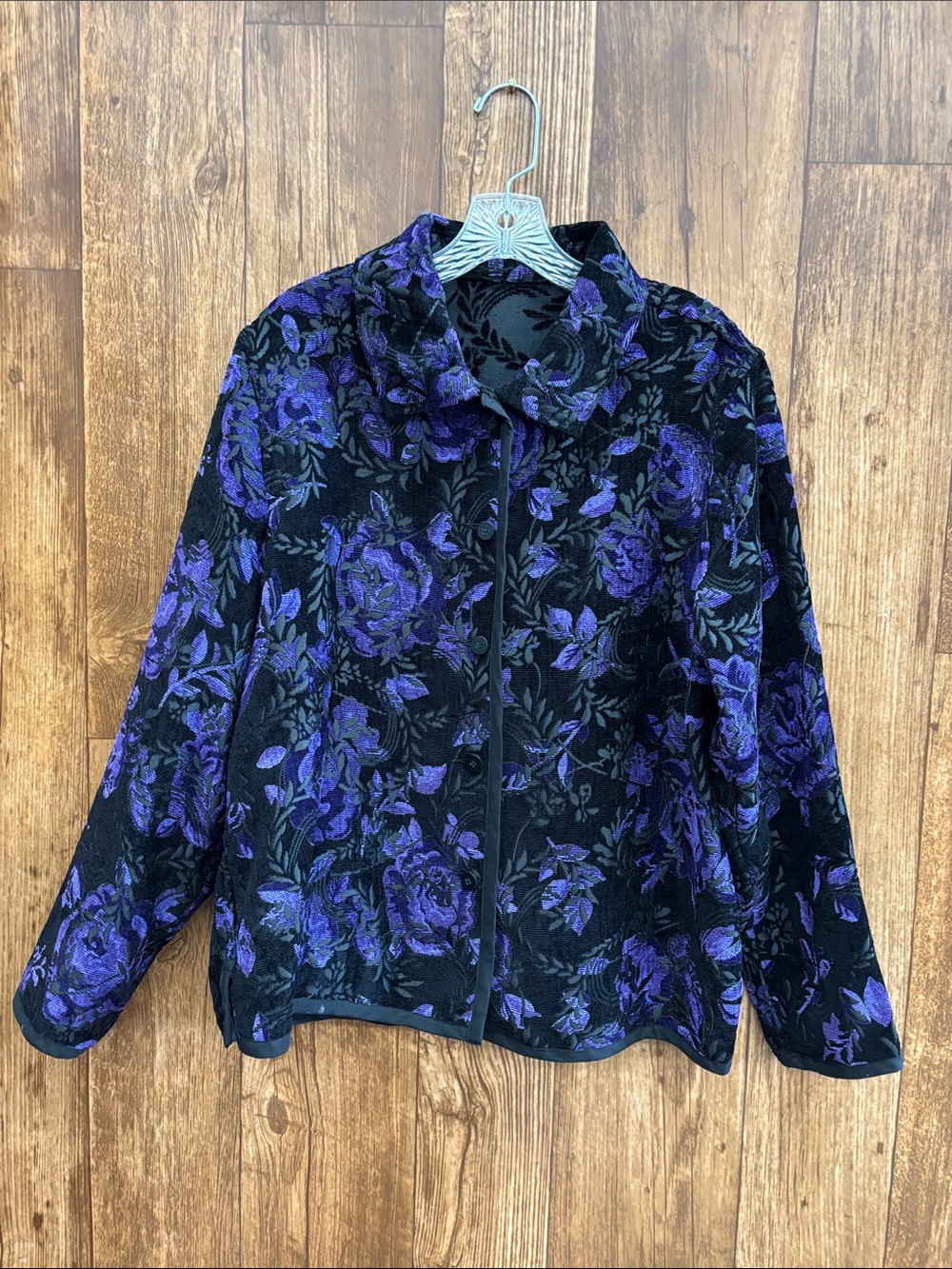 Women’s Black Teddy Jacket with Purple Floral Pattern